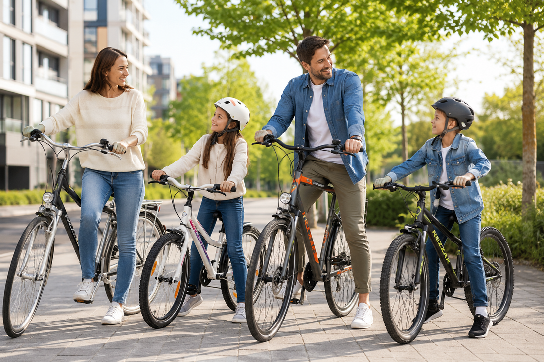 Familie mit Citybike, Kinderfahrrad und Mountainbike auf einem Stadtweg als Ratgeber zum passenden Fahrradkauf.